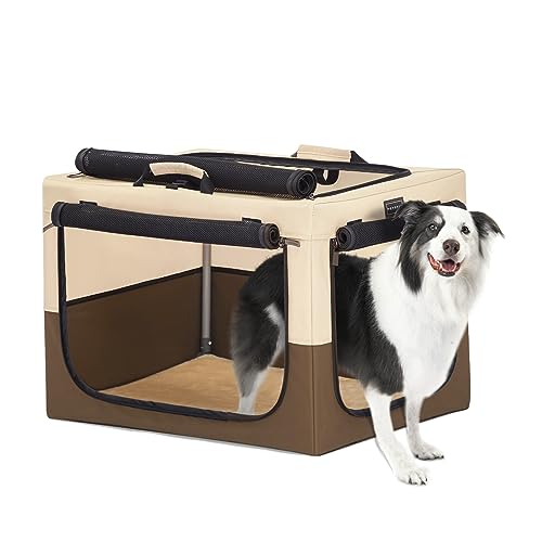 Petsfit Faltbare Hundebox Hundetransportbox tragbares Transportbox Katzenbox Auto Stoff für große Hunde mit Plüsch-Kissen,L,Kaffee & Beige von Petsfit