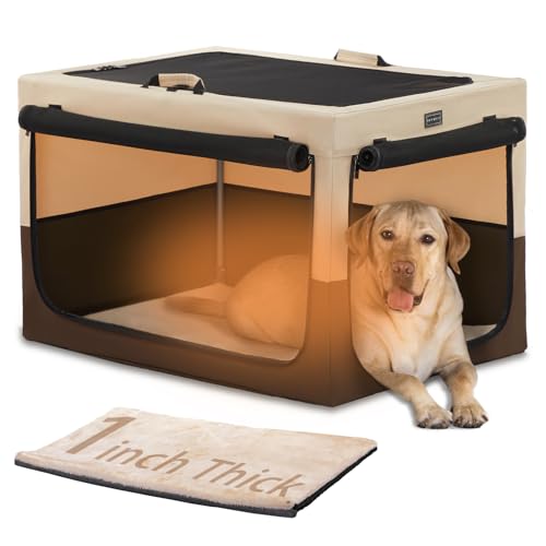 Petsfit Faltbare Hundebox Hundetransportbox tragbares Transportbox Katzenbox Auto Stoff für große Hunde mit Plüsch-Kissen,L,Kaffee & Beige von Petsfit