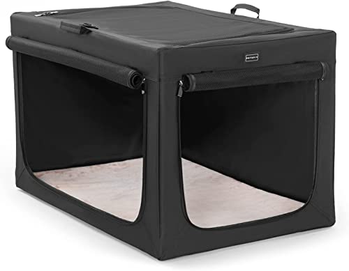 Petsfit Hundebox faltbar für große Hunde, Zimmerkennel Hund Hundebox für Zuhause Verstellbares Design Hundetransportbox Auto, Reißfeste Netzfenster & verdickte plüsche Betteinlage,Schwarz,L von Petsfit