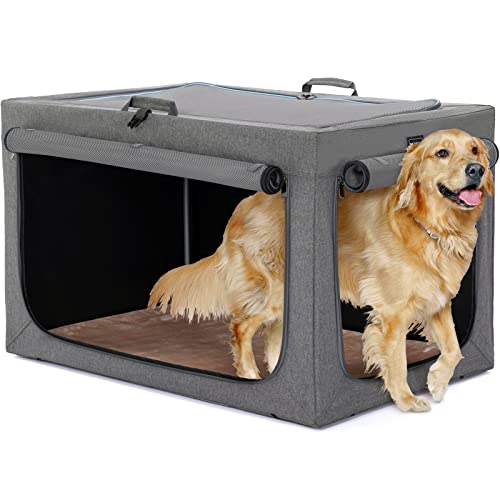 Petsfit Hundebox faltbar für große Hunde, Zimmerkennel Hund Hundebox für Zuhause Verstellbares Design Hundetransportbox Auto, Reißfeste Netzfenster & verdickte plüsche Betteinlage (XL, Grau) von Petsfit