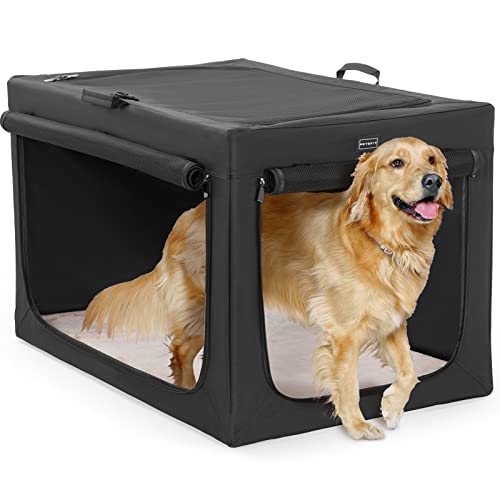 Petsfit Hundebox faltbar für große Hunde, Zimmerkennel Hund Hundebox für Zuhause Verstellbares Design Hundetransportbox Auto, Reißfeste Netzfenster & verdickte plüsche Betteinlage (XL, Schwarz) von Petsfit