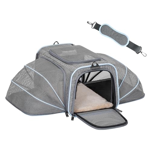 Petsfit Faltbarer Katzentransportbox Katze und Hund, erweiterbare Flugtasche Transporttasche Hundetragetasche mit Schultergurt, Blau, S von Petsfit