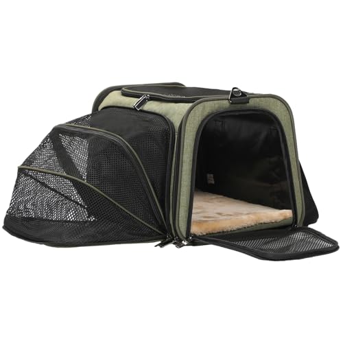 Petsfit Faltbarer Transporttasche Katze und Hund,Katzentransportbox Hundetragetasche erweiterbare Flugtasche Oxford Gewebe mit Schultergurt für Katze und Hund (L/Einseitig, Grün) von Petsfit