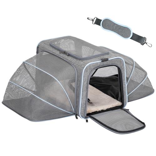Petsfit Faltbarer Transporttasche Katze und Hund,erweiterbare Katzentransportbox mit Schultergurt Hundetragetasche Flugtasche Oxford Gewebe für Katze und Hund, L/Grau/Doppelseitig von Petsfit