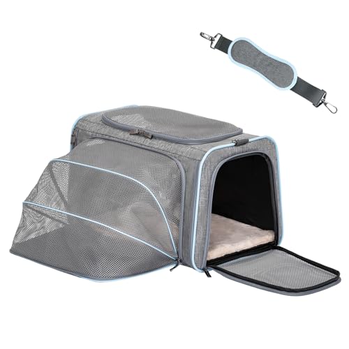 Petsfit Faltbarer Transporttasche Katze und Hund,erweiterbare Katzentransportbox mit Schultergurt Hundetragetasche Flugtasche Oxford Gewebe für Katze und Hund, L/Grau/Einseitig von Petsfit