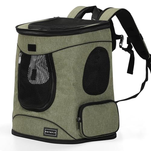 Petsfit Hunderucksack & Katzenrucksack für große Katzen bis 5kg - Leichter Katzen Rucksack mit Netzfenster, Brustgurt & Polster - Atmungsaktiver Rucksack für kleine Hunde, Grün von Petsfit