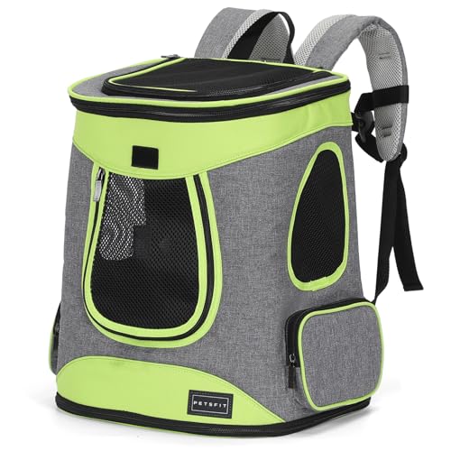Petsfit Hunderucksack & Katzenrucksack für große Katzen bis 5kg - Leichter Katzen Rucksack mit Netzfenster, Brustgurt & Polster - Atmungsaktiver Rucksack für kleine Hunde und Katzen, Grün+Grau von Petsfit