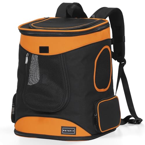 Petsfit Hunderucksack & Katzenrucksack für große Katzen bis 5kg - Leichter Katzen Rucksack mit Netzfenster, Brustgurt & Polster - Atmungsaktiver Rucksack für kleine Hunde, Orange+Schwarz von Petsfit