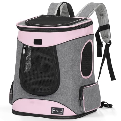 Petsfit Hunderucksack & Katzenrucksack für große Katzen bis 5kg - Leichter Katzen Rucksack mit Netzfenster, Brustgurt & Polster - Atmungsaktiver Rucksack für kleine Hunde und Katzen, Rosa+Grau von Petsfit