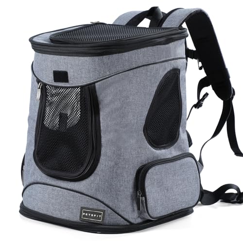 Petsfit Hunderucksack & Katzenrucksack für große Katzen bis 5kg - Leichter Katzen Rucksack mit Netzfenster, Brustgurt & Polster - Atmungsaktiver Rucksack für kleine Hunde, Grau von Petsfit