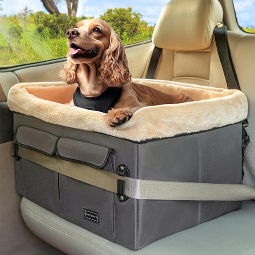 Petsfit Hundesitz Auto Rückbank Hunde Autositz für mittlere Hunde oder 2 kleine Hunde, Hundeautositz Vordersitz mit Waschbares Matte,2 Anschnallgurte und Aufbewahrungstasche,M,Grau von Petsfit