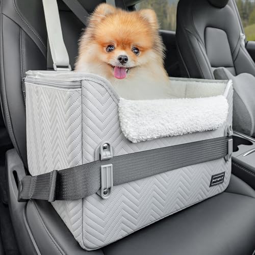 Petsfit Hunde Autositz, Hundeautositz Hundesitz Auto Rückbank Beifahrersitz sicherer Stabiler mit Sicherheitsgurt-Halteclip und Plüschkissen für kleine Hunde bis zu 6kg,Leder, Grau von Petsfit