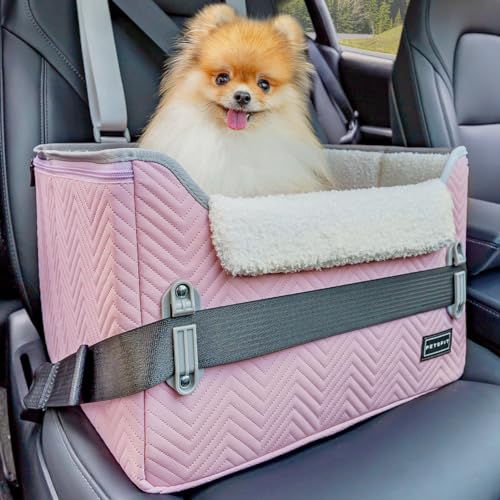 Petsfit Hunde Autositz für kleine Hunde, Hundesitz Auto Rückbank Vordersitz Extra sicherer Stabiler Hundeautositz mit Sicherheitsgurt-Halteclip und Plüschkissen für kleine Hunde bis zu 8kg, Rosa-Grau von Petsfit