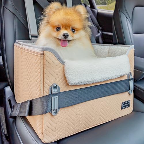 Petsfit Hunde Autositz für kleine Hunde, Hundesitz Auto Rückbank Vordersitz Extra sicherer Stabiler Hundeautositz mit Sicherheitsgurt-Halteclip und Plüschkissen für kleine Hunde bis zu 8kg,Khaki von Petsfit