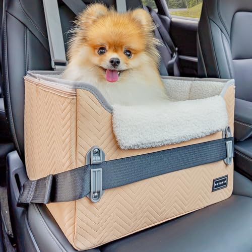 Petsfit Hunde Autositz für kleine Hunde, Hundeautositz Hundesitz Auto Rückbank Beifahrersitz sicherer Stabiler mit Sicherheitsgurt-Halteclip und Plüschkissen für kleine Hunde bis zu 6kg,Leder,Khaki von Petsfit