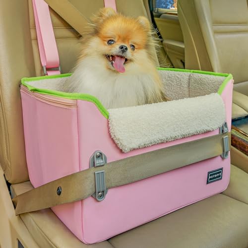 Petsfit Hunde Autositz für kleine Hunde, Hundesitz Auto Rückbank Vordersitz Extra sicherer Stabiler Hundeautositz mit Sicherheitsgurt-Halteclip und Plüschkissen für kleine Hunde bis zu 8kg,Rosa-Grün von Petsfit