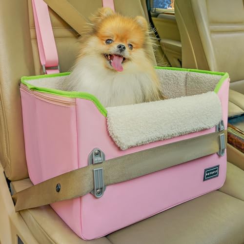 Petsfit Hunde Autositz für kleine Hunde, Hundesitz Auto Rückbank, Extra sicherer Stabiler Hundeautositz Hundesitz mit Sicherheitsgurt-Halteclip und Plüschkissen für kleine Hunde bis zu 6kg, Rosa-Grün von Petsfit