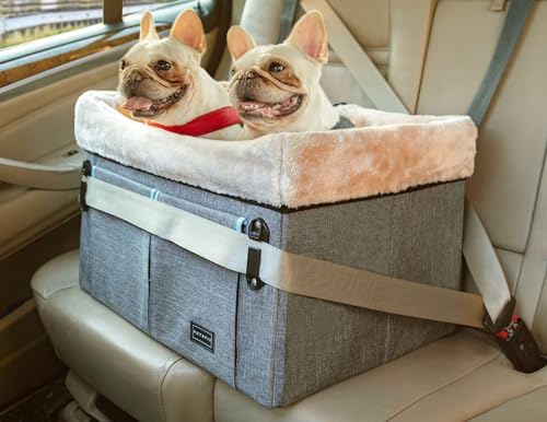 Petsfit Hunde Autositz für mittlere Hunde oder 2 kleine Hunde, Hundesitz Auto für Rückbank und Vordersitz Hundekorb Auto mit 2 Anschnallgurte,M,Grau&Grün von Petsfit