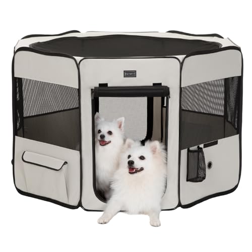 Petsfit Hunde-Laufstall, 115,6 cm Durchmesser, faltbar, groß, für drinnen und draußen, Reisen, tragbarer Haustier-Laufstall mit Tragetasche, Reißverschluss, abnehmbare Netz-Oberseite und von Petsfit