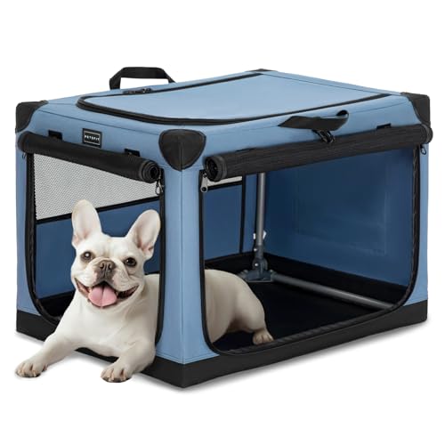 Petsfit Hundebox faltbar, Hundebox Auto für kleine Hunde Katze,Transportbox Hund aus Stoff mit integriertem Aluminium Rahmen,Einstellbare Stoffbezug durch Spiralschlauch,Verstärkung Nähen, S, Blau von Petsfit