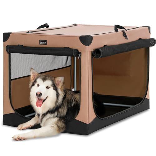 Petsfit Hundebox große Hunde, Hundebox faltbar mit integriertem Aluminium Rahmen, Einstellbare Stoffbezug durch Spiralschlauch, Verstärkung Nähen Hundetransportbox,XL,Khaki von Petsfit