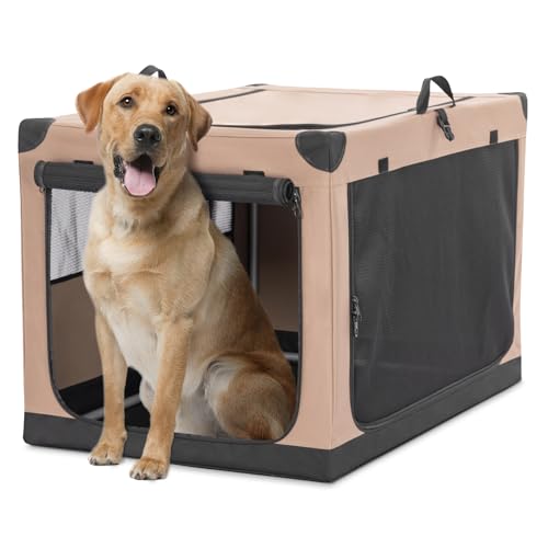 Petsfit Hundebox faltbar große Hunde Hundetransportbox Auto Transportbox Hund aus Stoff mit integriertem Aluminium Rahmen, Einstellbare Stoffbezug durch Spiralschlauch, Verstärkung Nähen,L,Khaki von Petsfit