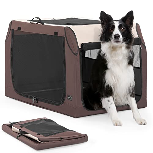 Petsfit Hundebox faltbar Auto Hundetransportbox für große Hunde Reisebox Autobox für Kofferraum mit Spiralförmiges Aluminiumrohr zur Verstellbarer Stoffbezug,Braun,L von Petsfit