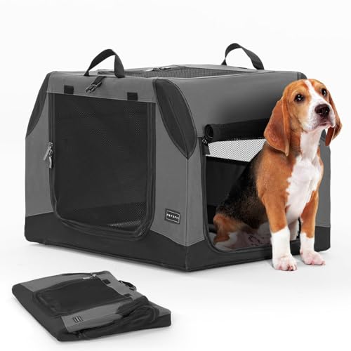 Petsfit Hundebox faltbar Auto Hundetransportbox für mittlere Hunde Reisebox Autobox für Kofferraum mit Spiralförmiges Aluminiumrohr zur Verstellbarer Stoffbezug,Braun,M von Petsfit