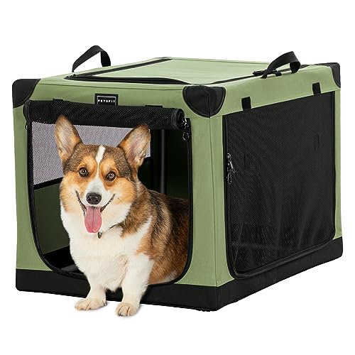 Petsfit Hundebox mittlere Hunde, Hundebox faltbar mit integriertem Aluminium Rahmen, Einstellbare Stoffbezug durch Spiralschlauch, Verstärkung Nähen Hundetransportbox,M,Grün von Petsfit