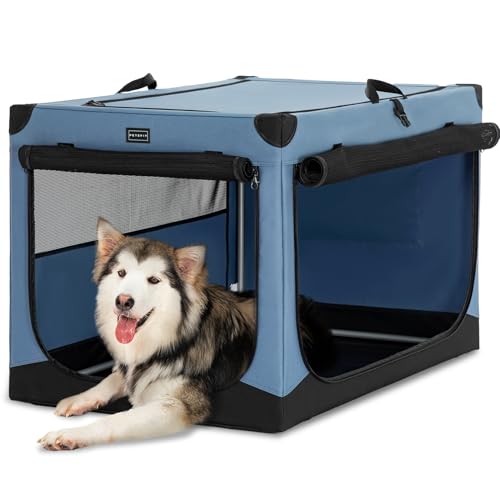Petsfit Hundebox faltbar, Hundebox für zuhause Verstellbarer Stoffbezug mit Spiraleisenrohr, Hundebox Stoff Große Hunde mit 3 Tür-Design, Einfach zu Transportieren, Leicht zu Verstauen, XL, Blau von Petsfit
