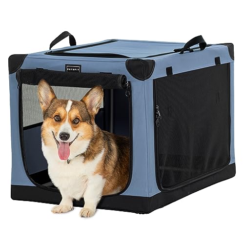 Petsfit Hundebox mittlere Hunde, Hundebox faltbar mit integriertem Aluminium Rahmen, Einstellbare Stoffbezug durch Spiralschlauch, Verstärkung Nähen Hundetransportbox,M,Blau von Petsfit