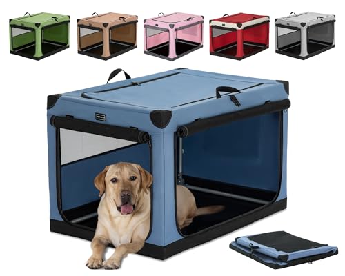 Petsfit Hundebox große Hunde, Hundebox faltbar mit integriertem Aluminium Rahmen, Einstellbare Stoffbezug durch Spiralschlauch, Verstärkung Nähen Hundetransportbox,L,Blau von Petsfit