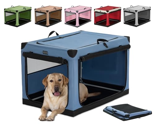 Petsfit Hundebox faltbar, Hundebox für zuhause Verstellbarer Stoffbezug mit Spiraleisenrohr, Hundebox Stoff Große Hunde mit 3 Tür-Design, Einfach zu Transportieren, Leicht zu Verstauen, L, Blau von Petsfit