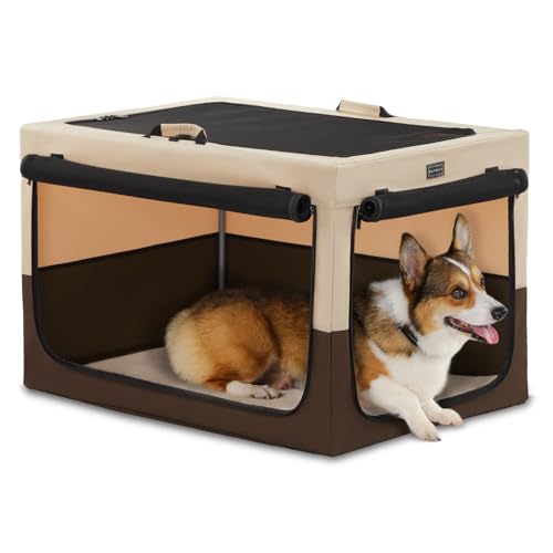 Petsfit Faltbare Hundebox Hundetransportbox tragbares Transportbox Katzenbox Auto Stoff für mittlere Hunde mit Plüsch-Kissen,M,Kaffee & Beige von Petsfit