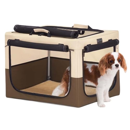 Petsfit Faltbare Hundebox Hundetransportbox tragbares Transportbox Katzenbox Auto Stoff für mittlere Hunde mit Plüsch-Kissen,M,Kaffee & Beige von Petsfit