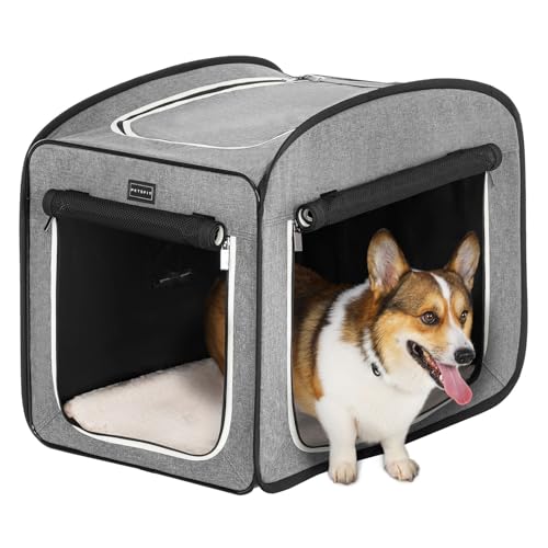 Petsfit Hundebox Pop-up-Design, für mittlere Hunde mit Plüschkissen und Aufbewahrungstasche, Hundetransportbox aus Stoff,Hellgrau,68x45x55cm von Petsfit