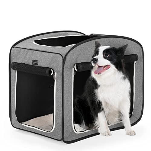 Petsfit Faltbare Hundebox Hundetransportbox tragbare Hundekäfig Reise Hundehütte Hundebett Pop-up Design für mittlere große Hunde mit Plüschkissen und Aufbewahrungstasche,L von Petsfit
