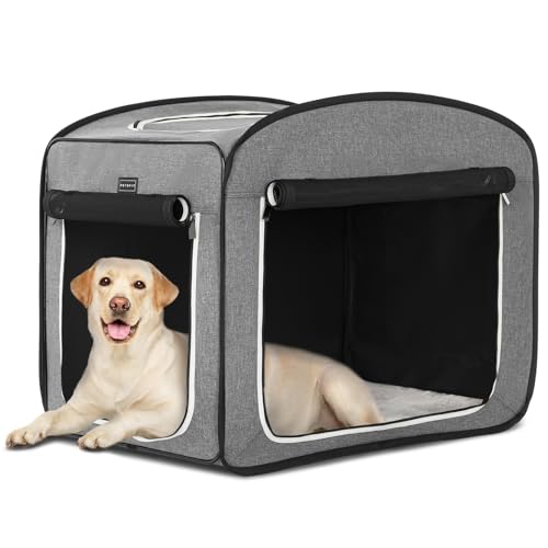 Petsfit Hundebox faltbar Pop-up-Design, Faltbare Hundebox für Zuhause Zimmerkennel Hund für große Hunde mit Plüschkissen und Aufbewahrungstasche,Schlafbox für Büro,Wohnzimmer,Camping,Hotels von Petsfit