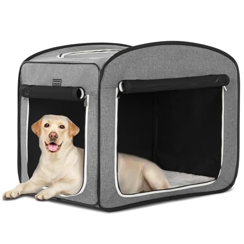 Petsfit Faltbare Hundebox Hundetransportbox tragbare Hundekäfig Reise Hundehütte Hundebett Pop-up Design für mittlere große Hunde mit Plüschkissen und Aufbewahrungstasche,L von Petsfit