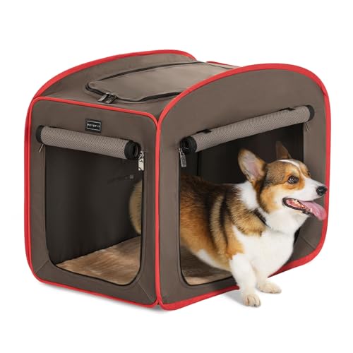 Petsfit Faltbare Hundebox Hundetransportbox tragbare Hundekäfig Reise Hundebett Pop-up Design für kleine Hunde mit Plüschkissen und Aufbewahrungstasche,M von Petsfit