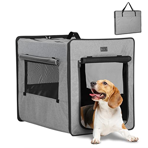 Petsfit Hundebox Große, tragbare Hunde-Reisebox, leichte Stoff-Hundebox mit DREI Seiten Netzfenster und Futtertasche für mittelgroße und große Hunde, Hellgrau von Petsfit