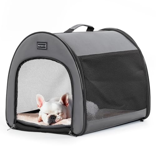 Petsfit Transportbox Hund Faltbare Hundebox Auto für kleine Hunde, Leichte atmungsaktive Hundetransportbox Hund Zimmerkennel Stoff mit Anti-offener Reißverschluss und Plüschkissen von Petsfit