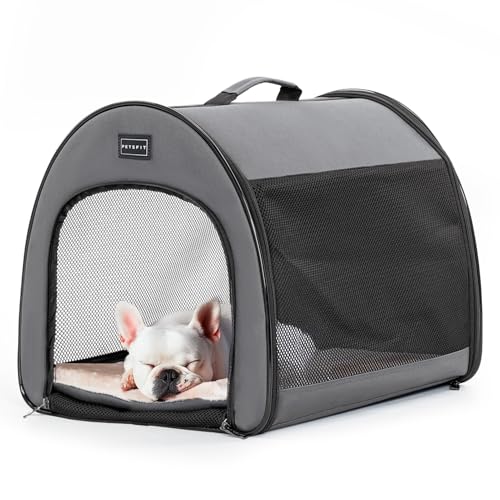 Petsfit Hundebox faltbar für kleine Hunde Katzen, tragbare & Atmungsaktive Hundebox für Zuhause mit Gewölbtem Design, Zimmerkennel Hund Hundeschlafbox mit Anti-Offener Reißverschluss und Plüschkissen von Petsfit