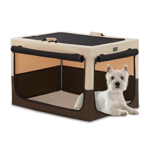 Petsfit Hundebox faltbar für kleine Hunde, Zimmerkennel Hund Hundebox für Zuhause Verstellbares Design Hundetransportbox Auto, Reißfeste Netzfenster & verdickte plüsche Betteinlage,S,Kaffee & Beige von Petsfit