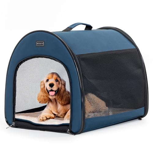 Petsfit Hundebox faltbar, tragbare & Atmungsaktive Hundebox für Zuhause mit Gewölbtem Design, Zimmerkennel Hund Hundeschlafbox mit Anti-Offener Reißverschluss und Plüschkissen,M, Blau von Petsfit