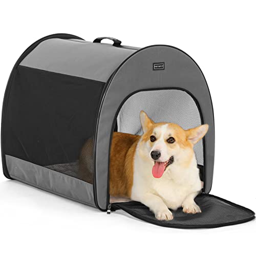 Petsfit Hundebox faltbar, tragbare & Atmungsaktive Hundebox für Zuhause mit Gewölbtem Design, Zimmerkennel Hund Hundeschlafbox mit Anti-Offener Reißverschluss und Plüschkissen,M, Grau von Petsfit