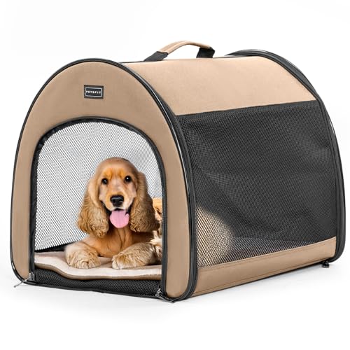 Petsfit Hundebox faltbar, tragbare & Atmungsaktive Hundebox für Zuhause mit Gewölbtem Design, Zimmerkennel Hund Hundeschlafbox mit Anti-Offener Reißverschluss und Plüschkissen,M, Khaki von Petsfit