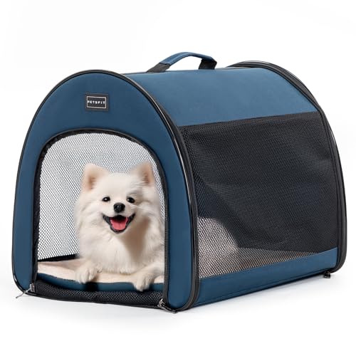 Petsfit Hundebox faltbar für kleine Hunde Katzen, tragbare & Atmungsaktive Hundebox für Zuhause mit Gewölbtem Design, Zimmerkennel Hund Hundeschlafbox mit Anti-Offener Reißverschluss und Plüschkissen von Petsfit