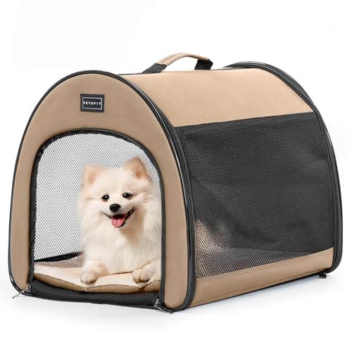 Petsfit Hundebox faltbar für kleine Hunde Katzen, tragbare & Atmungsaktive Hundebox für Zuhause mit Gewölbtem Design, Zimmerkennel Hund Hundeschlafbox mit Anti-Offener Reißverschluss und Plüschkissen von Petsfit