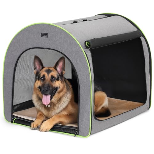 Petsfit Hundebox faltbar für große Hunde, Hundebox für Zuhause Transportbox Hund Zimmerkennel Hund haltbar gemütlich Hundeschlafbox mit Anti-offener Reißverschluss und Plüschkissen, L, Hellgrau von Petsfit
